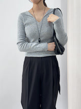 Ciar Collar V-Neck Slit Ribbed Long Sleeve Knit