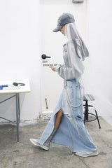 DAMAGED LONG DENIM SKIRT (BLUE)