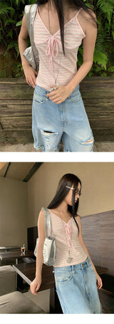 Pink stripe lace-up sleeveless t-shirt