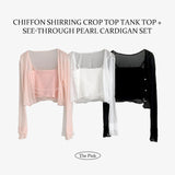Knowing chiffon shirring crop top tank top + see-through pearl cardigan se