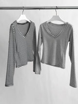 Mind V-neck Stripe Long Sleeve Span Tee