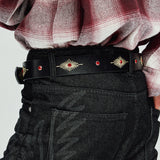 crystal stud & wax thread leather belt black