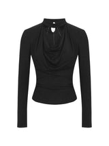 Black Chic Shimmering Halterneck Long-Sleeved T-Shirt
