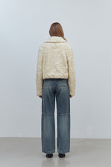 HOOK CLOSING UNBALANCE COLLAR FUR SHORT JACKET - IVORY