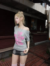 Y2K ピンク レタリング ワンショルダー Tシャツ