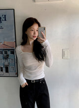 Raymi Heart Neck Shirring Slim Rib T-Shirt (4color)