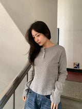 シュージフラワーワッフルヘンリーネック長袖Tシャツ
