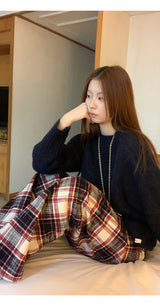 Cotton Check Casual Wide Pants