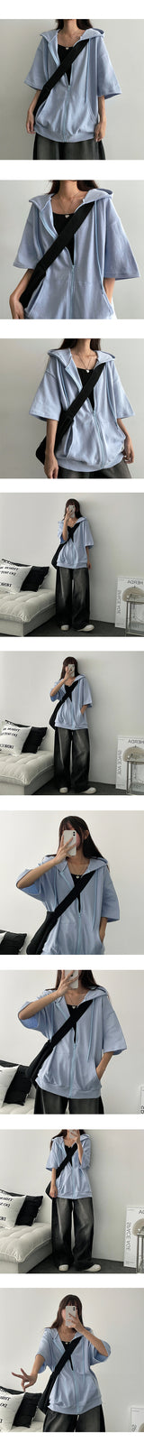 Laren ベーシックボクシー半袖フーディドジップアップ