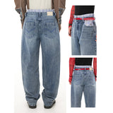 Double-waisted blue jeans
