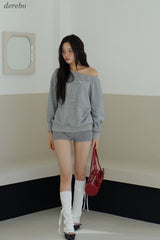 Unbalanced off-shoulder gray loose fit sweatshirt