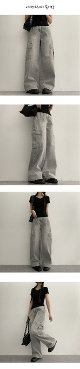 [Short, Basic/S-3XL] Cropped Banded Waist Wide Cargo Denim Pants