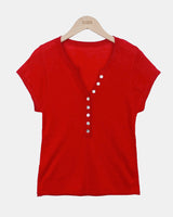 Scu Button V-Neck Short-Sleeve Knit