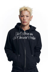 Lettering Embroidered Hoodie Zip-Up - Black