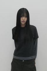 レイヤードストライプクロップTシャツ チャコール