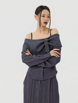 Scratch Cape Off-Shoulder Belted Shirt, Charcoal