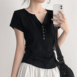 Side Shirring T-shirt Manto Henley Neck Short Sleeve (5 colors)