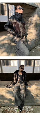 Black fur high-neck zip-up leather jacket
