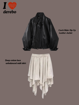 Deep cotton lace unbalanced midi skirt