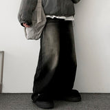 [Fleece lining]linen hem snapwashed wide denim pants-3 Tier Length