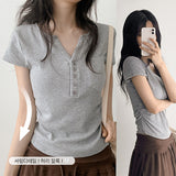 Side Shirring T-shirt Manto Henley Neck Short Sleeve (5 colors)