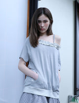 STRIPE FRILL OFF-SHOULDER(GREY)