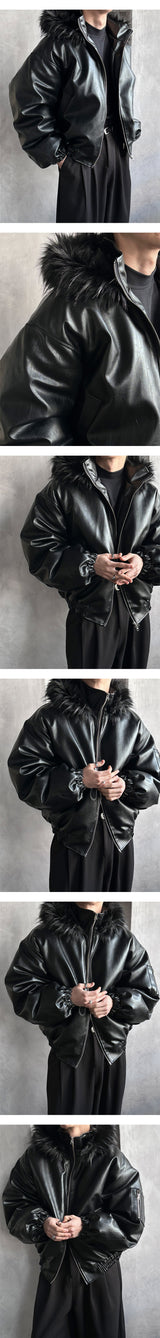 [F/W] Leather raccoon fur hood jumper