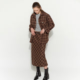 Slit Checked Long Skirt Brown