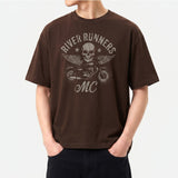 Men’s Cotton Short-Sleeve Cropped T-Shirt Motorcycle Brown