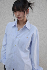 Lettering sleeve striped shirt - Blue