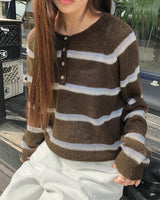 Trsen Stripe Button Henley Neck Long Sleeve Knit