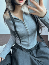 FUR PETIT SLIM HALF CROPPED ZIP-UP 🖤🩶🤍3COLOR