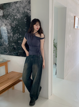 リボンストラップオフショルダーショートスリーブTシャツ (5color)