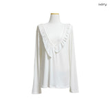 (3color) Ruffle Deep V-neck Slim Long Sleeve Tee