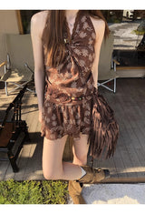 brown ethnic sleeveless skirt two-piece