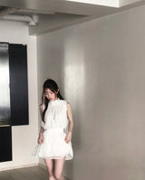 top pure halter tie bl + chiffon shirring sk set