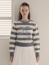 WOOL BLENDED RIBBON STRIPE KNIT WH+GY