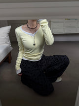 Button Fake V-Neck Ribbed Slim Tee (8c)
