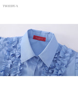 Ravina frill detail puff sleeve blouse blue