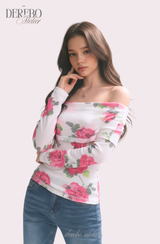 Pink rose off-shoulder long-sleeve top