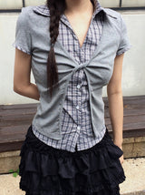 ソレン チェック シャツ レイヤード ツイスト ショート スリーブ Tシャツ