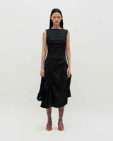 DOZI - Sleeveless Pinched Long Dress _ BLACK