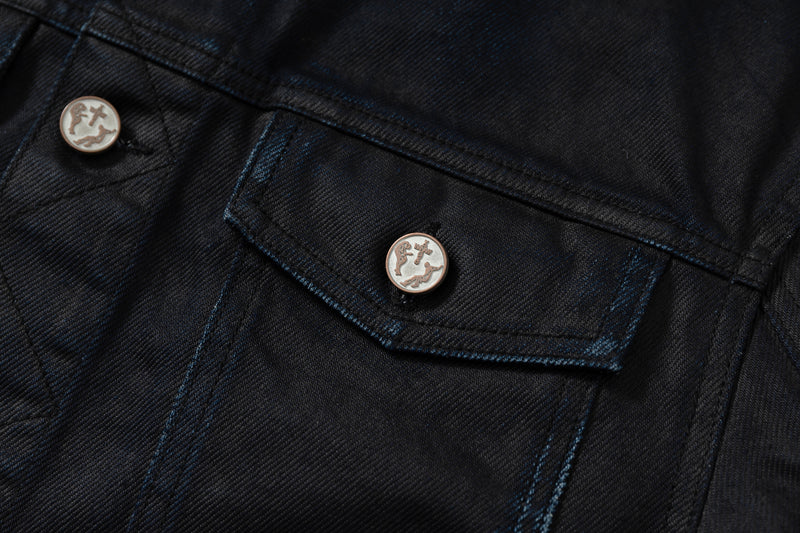 COATED KNIFE-SCRAPED HAND-WIPED DISTRESSED DENIM JACKET