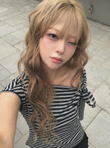 スコン ストライプ プレーン ワンショルダー リボン ショートスリーブ Tシャツ