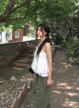 Mealing Frill Button Lace Flared Sleeveless Blouse