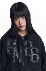 Washed Leather Patch Hooded Zip-Up - Black