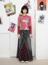 Denim patchwork checked fishtail skirt
