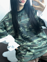 ミリタリーレイヤードオーバーフィットロゴスリーブTシャツ 🩶💚🤍2カラー