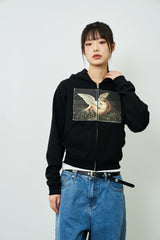  GRAPHIC APPLIQUE WOMAN ZIP-UP HOODIE(BLACK)