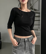 [U-BASIC] Nut Boat Neck Slim Crop Three Quarter Tee